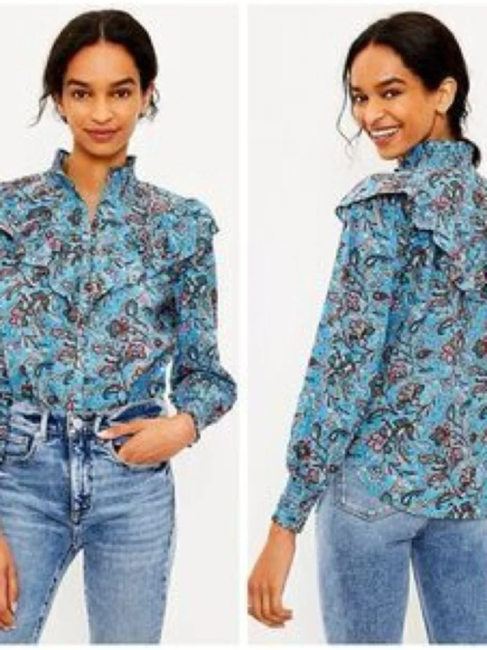 LOFT Bouquet Ruffle Blue Yoke Long Sleeve Button Down Puff Sleeve Shirt‎ Sz L